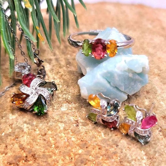 Nature Tourmalines Gemstone Windwill  925 Jewelry 4pcs Set - Picture 3 of 10